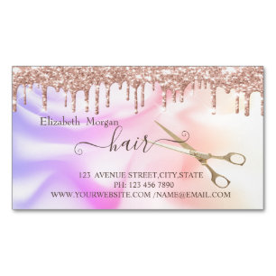 Modern Rose Gold Drips Scissors Hair Holographic Magnetic Business Card