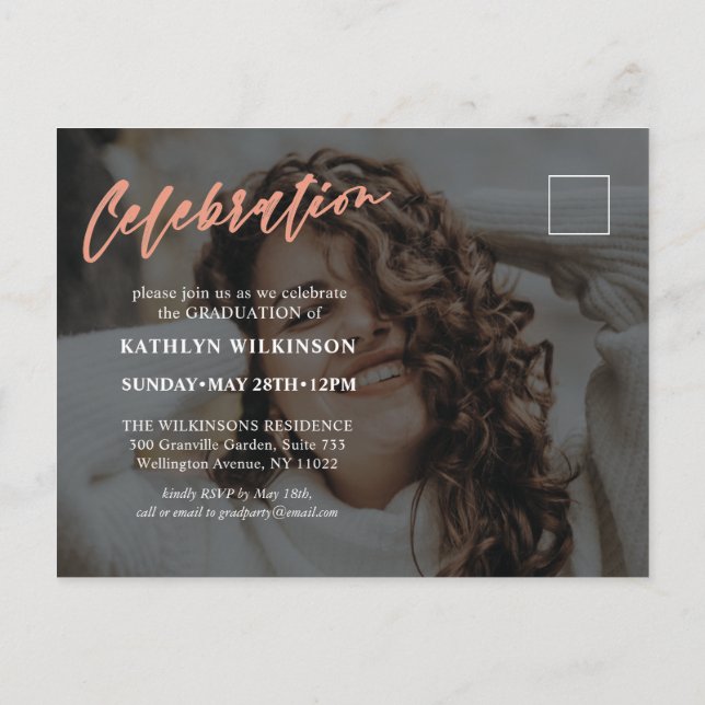 Modern Rose Gold Elegant Script 2 Photo Graduation Invitation Postcard (Back)