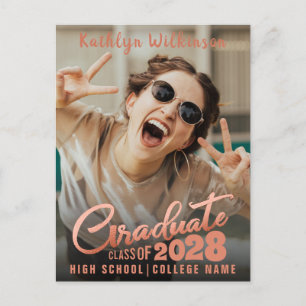 Modern Rose Gold Elegant Script Photo Graduation Announcement Postcard