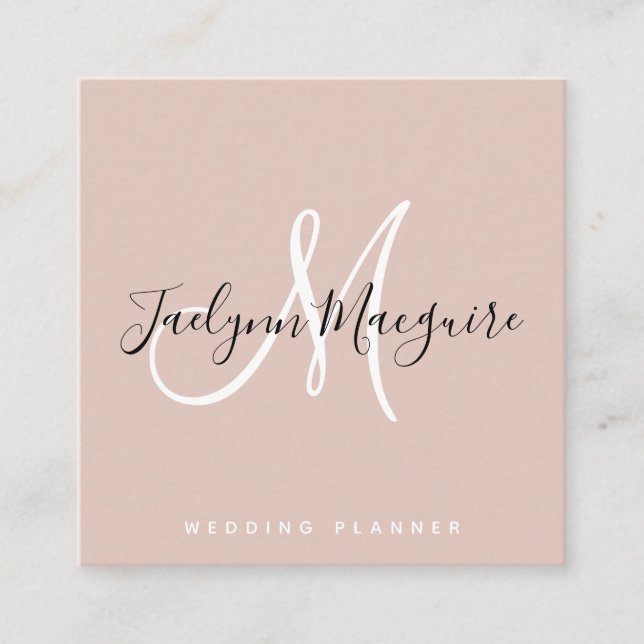 Modern rose gold elegant script signature monogram square business card (Front)