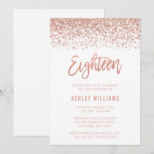 Modern Rose Gold Faux Glitter 18th Birthday Invitation (Front/Back)