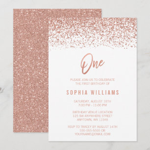 Modern Rose Gold Faux Glitter 1st Birthday Invitation