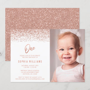 Modern Rose Gold Faux Glitter 1st Birthday Photo Invitation