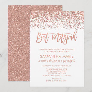 Modern Rose Gold Faux Glitter Bat Mitzvah Invitation