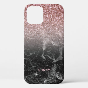 Modern Rose-gold Faux Glitter & Black Marble Ombre iPhone 12 Case