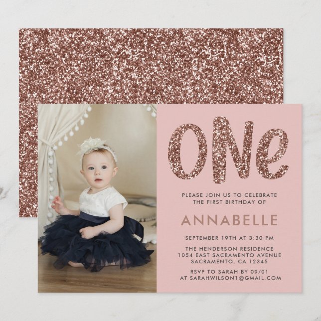 Modern Rose Gold Faux Glitter First Birthday Photo Invitation (Front/Back)