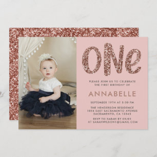 Modern Rose Gold Faux Glitter First Birthday Photo Invitation