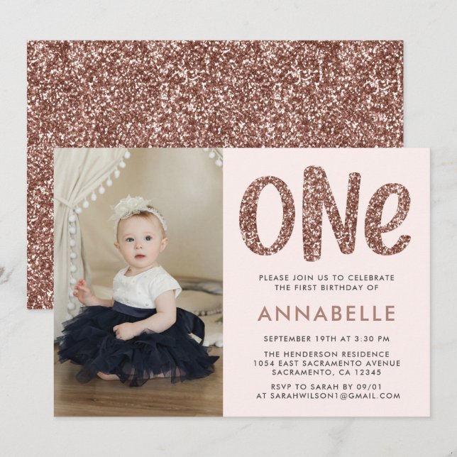 Modern Rose Gold Faux Glitter First Birthday Photo Invitation (Front/Back)