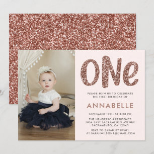 Modern Rose Gold Faux Glitter First Birthday Photo Invitation