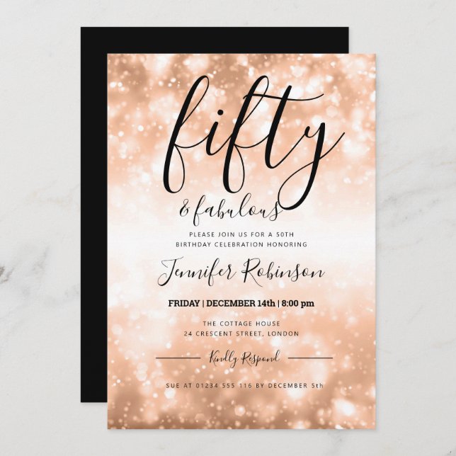 Modern Rose Gold Fifty & Fabulous 50th Birthday Invitation (Front/Back)