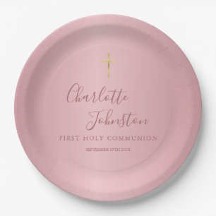 Modern Rose Gold First Holy Communion Paper Plate