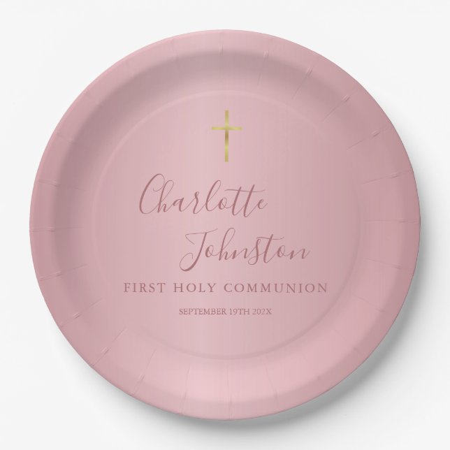 Modern Rose Gold First Holy Communion Paper Plate (Front)