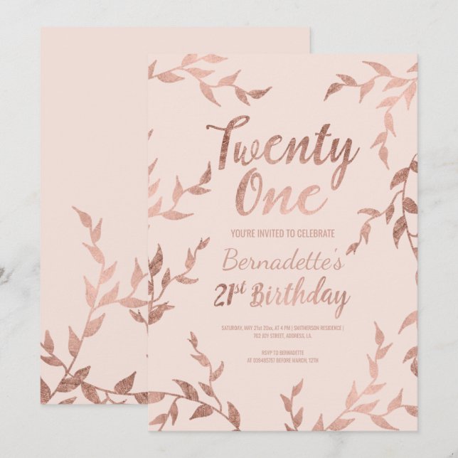 Modern rose gold floral blush pink 21st Birthday Invitation (Front/Back)