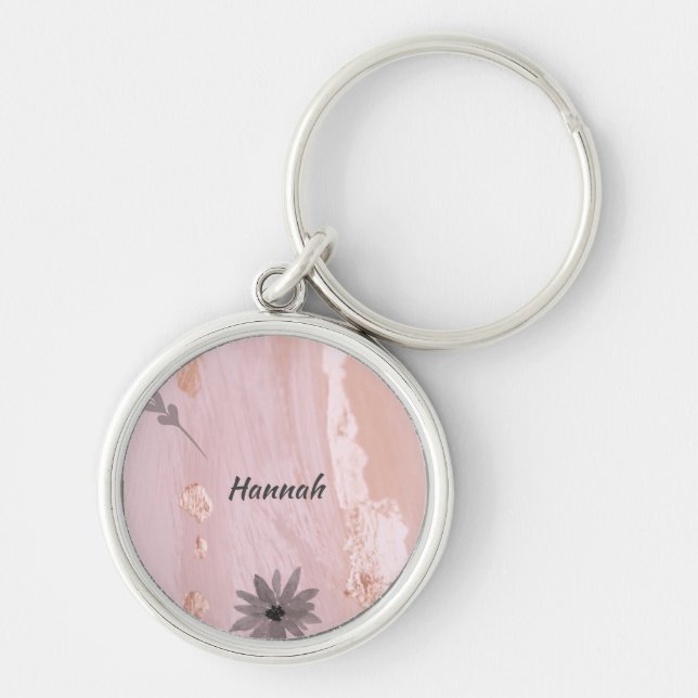 Modern Rose Gold Floral Button Keychain (Front)