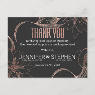 Modern Rose Gold Floral Drawing Thank You Postcard