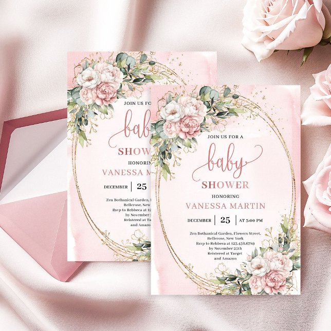 Modern Rose Gold Floral Eucalyptus Girl Baby Showe Invitation (Modern Rose Gold Floral Eucalyptus Girl Baby Shower)