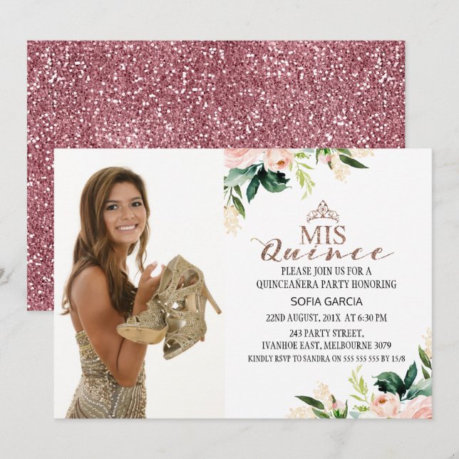 Modern Rose Gold Floral Photo Quinceañera Invitation (Front/Back)