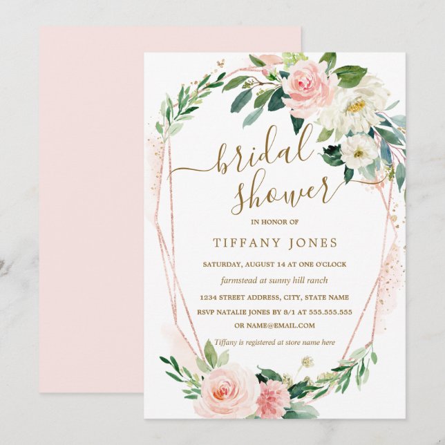 Modern Rose Gold Floral Wreath Bridal Shower Invitation (Front/Back)