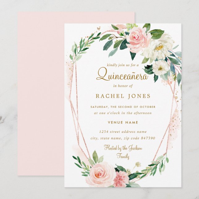 Modern Rose Gold Floral Wreath Quinceanera Invitation (Front/Back)