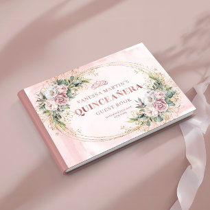 Modern Rose Gold Flowers Eucalyptus Quince  Guest Book