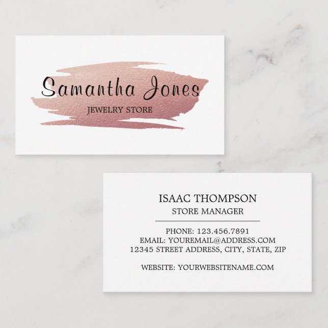 Modern Rose Gold Foil Brushstroke, Jeweler Business Card (Front/Back)