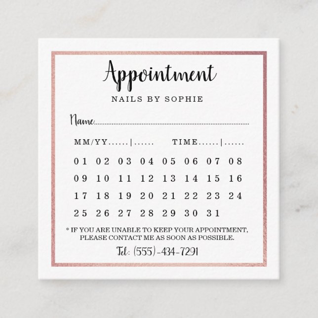 Modern Rose Gold Foil Calendar Appointment Cards (Front)