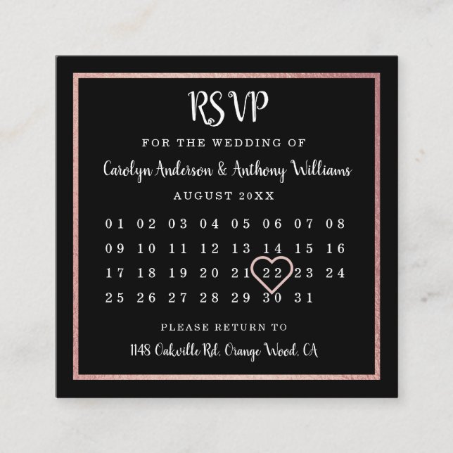 Modern Rose Gold Foil Calendar RSVP Enclosure Card (Front)