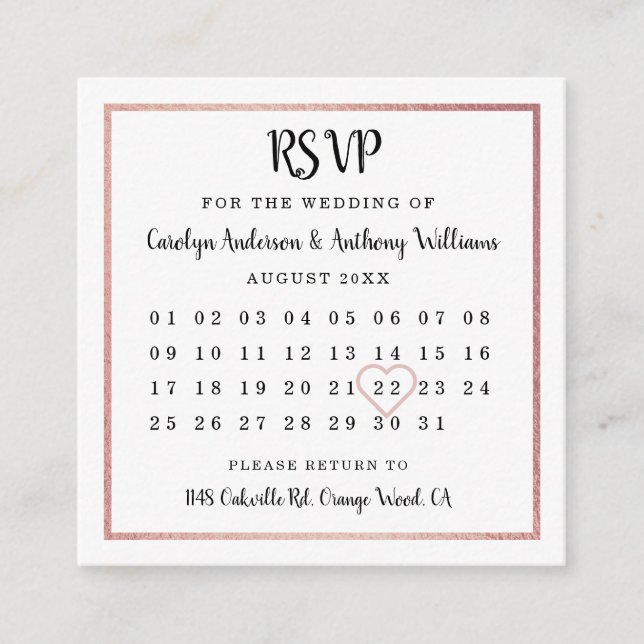Modern Rose Gold Foil Calendar RSVP Enclosure Card (Front)