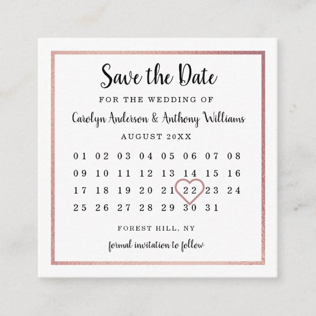 Modern Rose Gold Foil Calendar Save The Date Enclosure Card (Front)