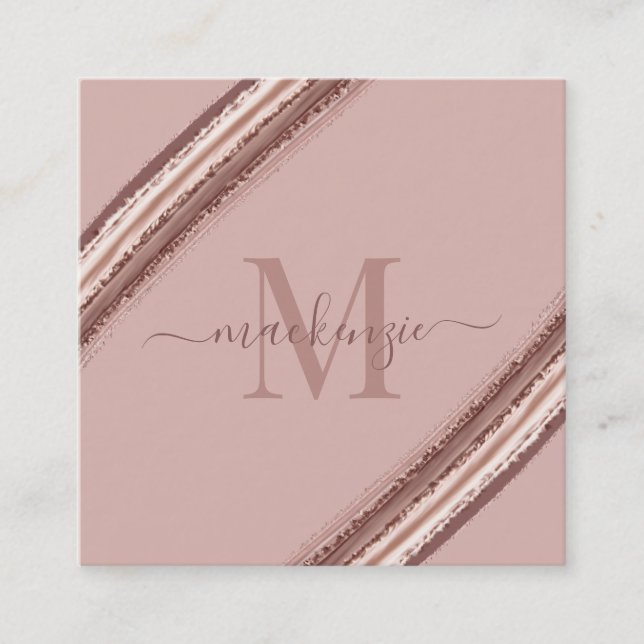 Modern Rose Gold Foil Copper Brush Monogram Square Business Card (Front)
