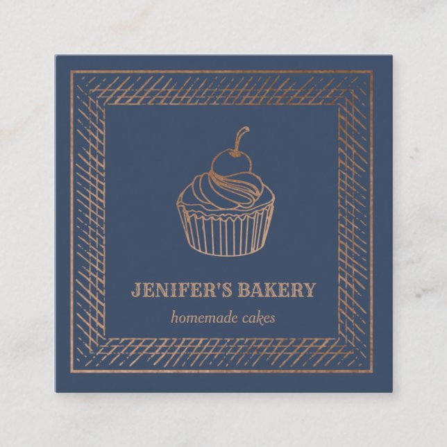 Modern rose gold foil cupcake homemade bakery square business card (Front)
