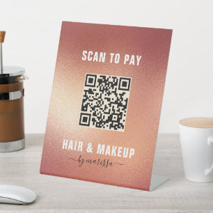 Modern Rose Gold Foil Hair & Makeup Scan to Pay Pedestal Sign