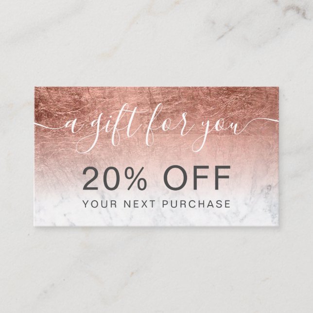 Modern rose gold foil marble ombre professional discount card (Front)