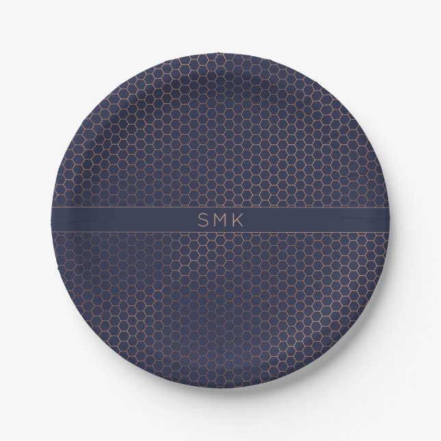 Modern Rose Gold Foil Navy Blue Hexagon Monogram Paper Plate (Front)