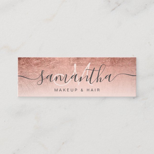 Modern rose gold foil ombre blush makeup hair mini business card (Front)