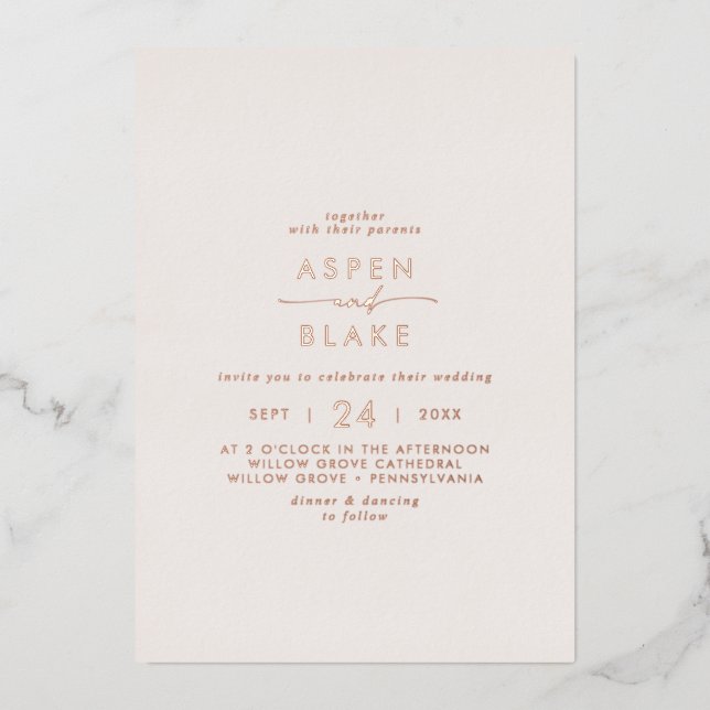 Modern Rose Gold Foil Script Blush Casual Wedding (Front)