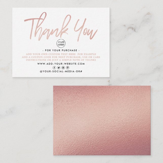 Modern Rose Gold Foil Script Business Thank You Enclosure Card (Front/Back)