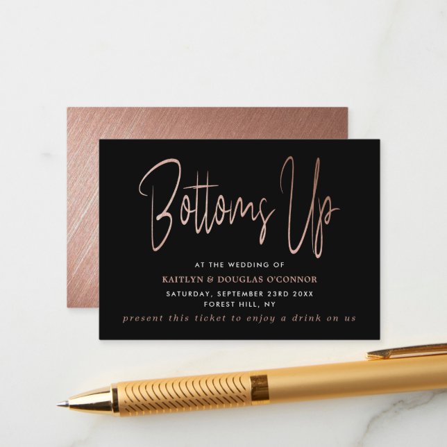 Modern Rose Gold Foil Script Free Drink Ticket Enclosure Card (Front/Back In Situ)