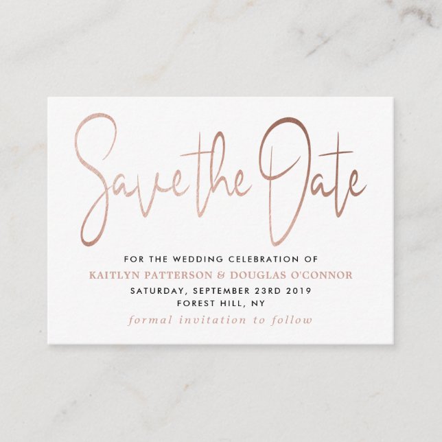Modern Rose Gold Foil Script Save The Date Enclosure Card (Front)