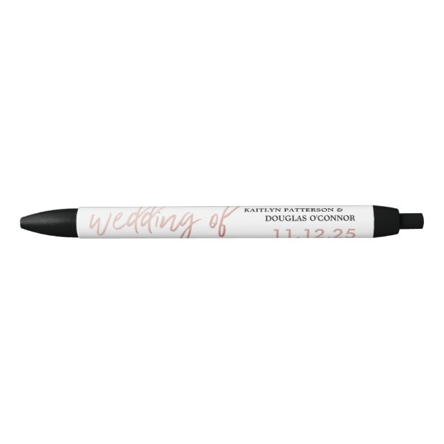 Modern Rose Gold Foil Script Wedding Favour Black Ink Pen (Front)