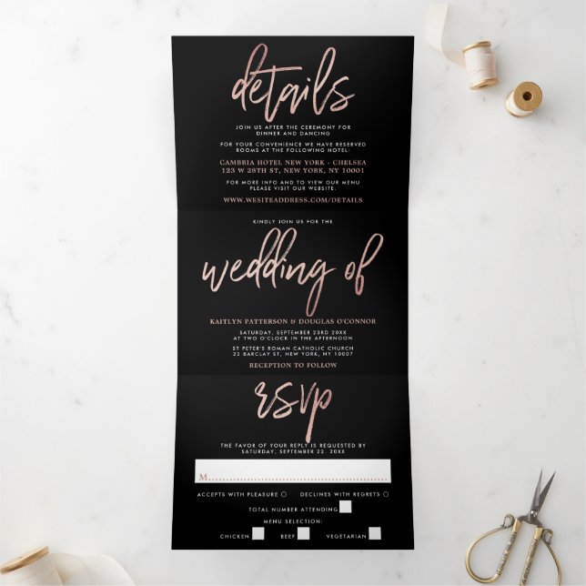 Modern Rose Gold Foil Script Wedding Suite Tri-Fold Invitation (Inside)
