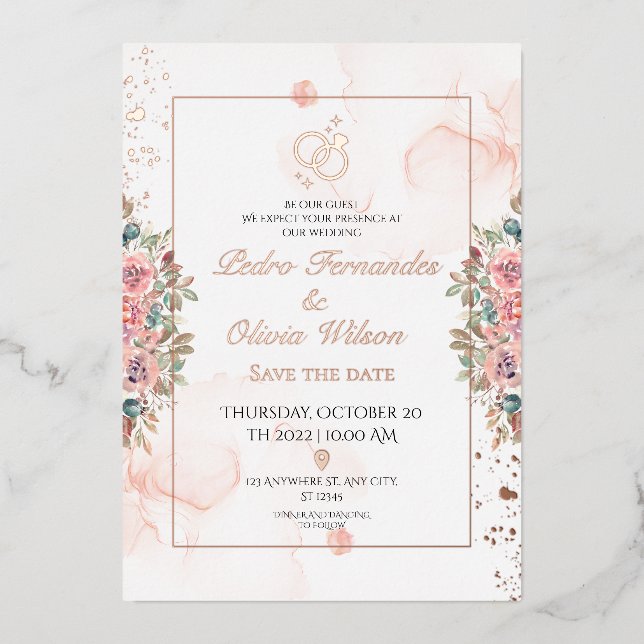 Modern rose gold foil wedding invitation (Front)