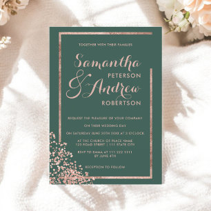 Modern rose gold frame green confetti wedding invitation