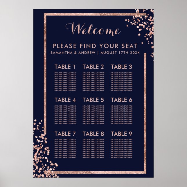 Modern rose gold frame navy wedding seating poster (Front)
