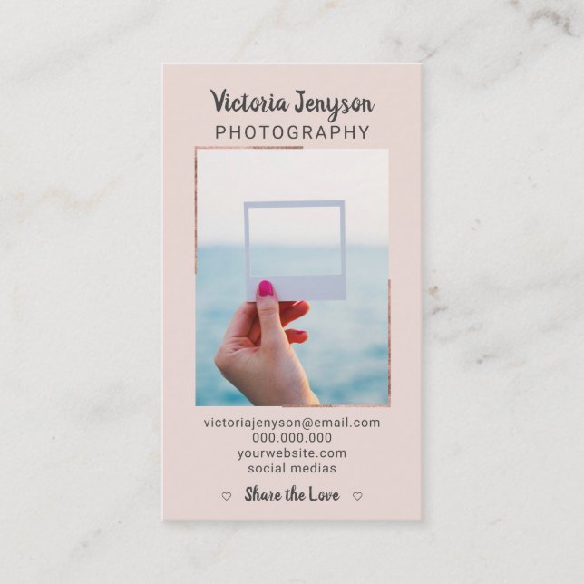 Modern rose gold frame photographer trendy photo business card (Front)