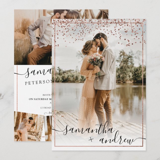 Modern rose gold frame script 5 photos wedding invitation (Front/Back)