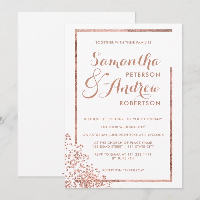 Modern rose gold frame white confetti wedding invitation (Front/Back)