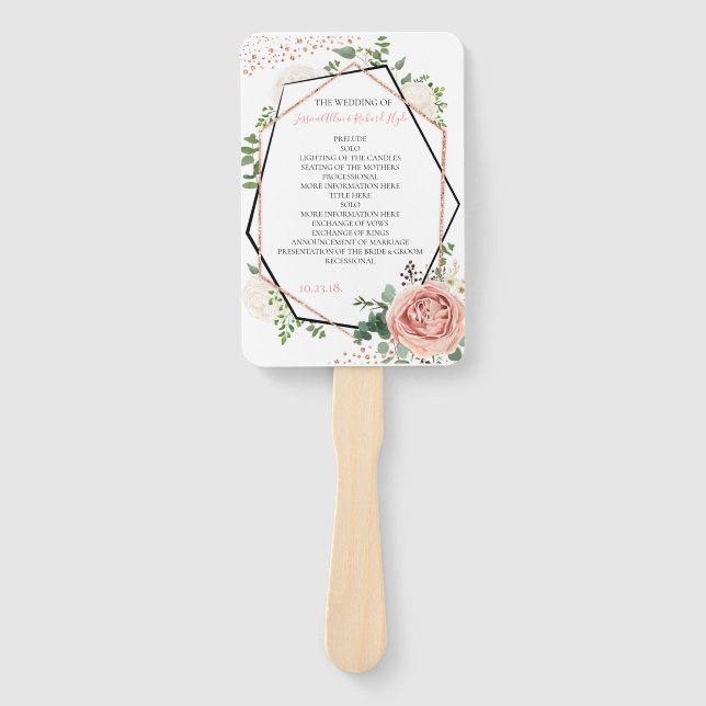Modern Rose Gold Geometric Wedding Program Hand Fan (Front)