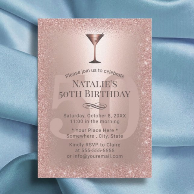 Modern Rose Gold Glitter 50th Birthday Cocktail Invitation (Creator Uploaded)