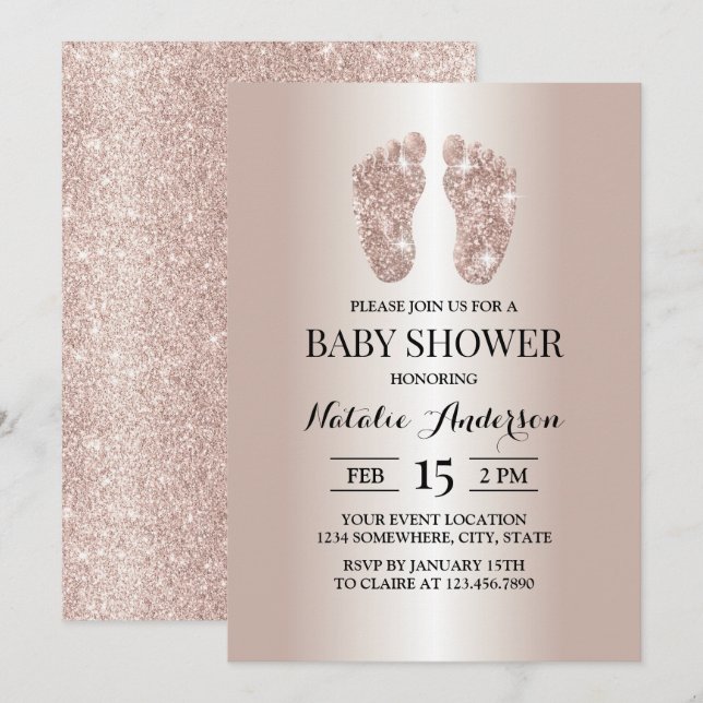 Modern Rose Gold Glitter Baby Feet Baby Shower Invitation (Front/Back)